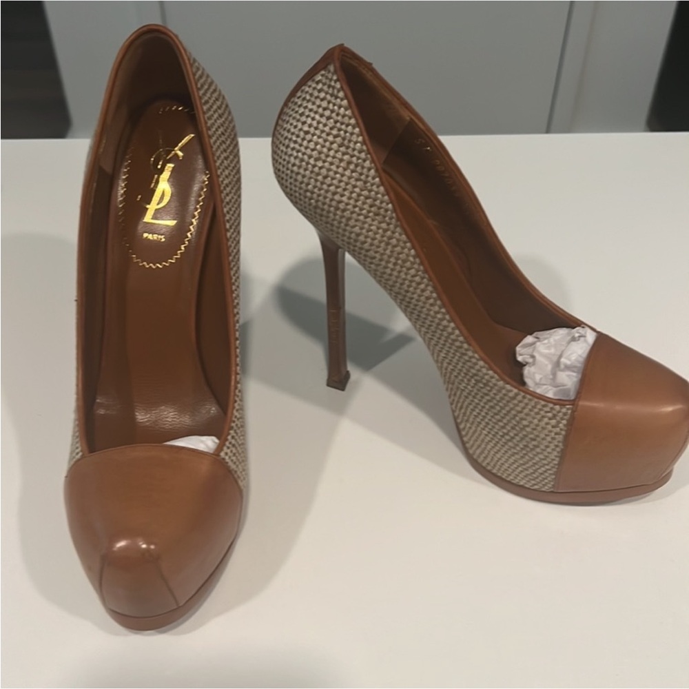 Brown and Tan Yves Saint Laurent  Tribootoo Women's Heels